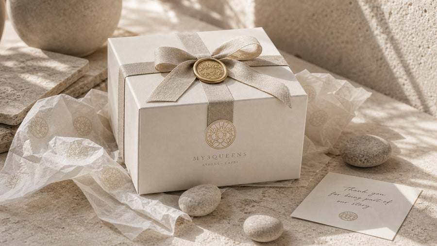 A My3Queens signature gift box with crest, ribbon, and tissue