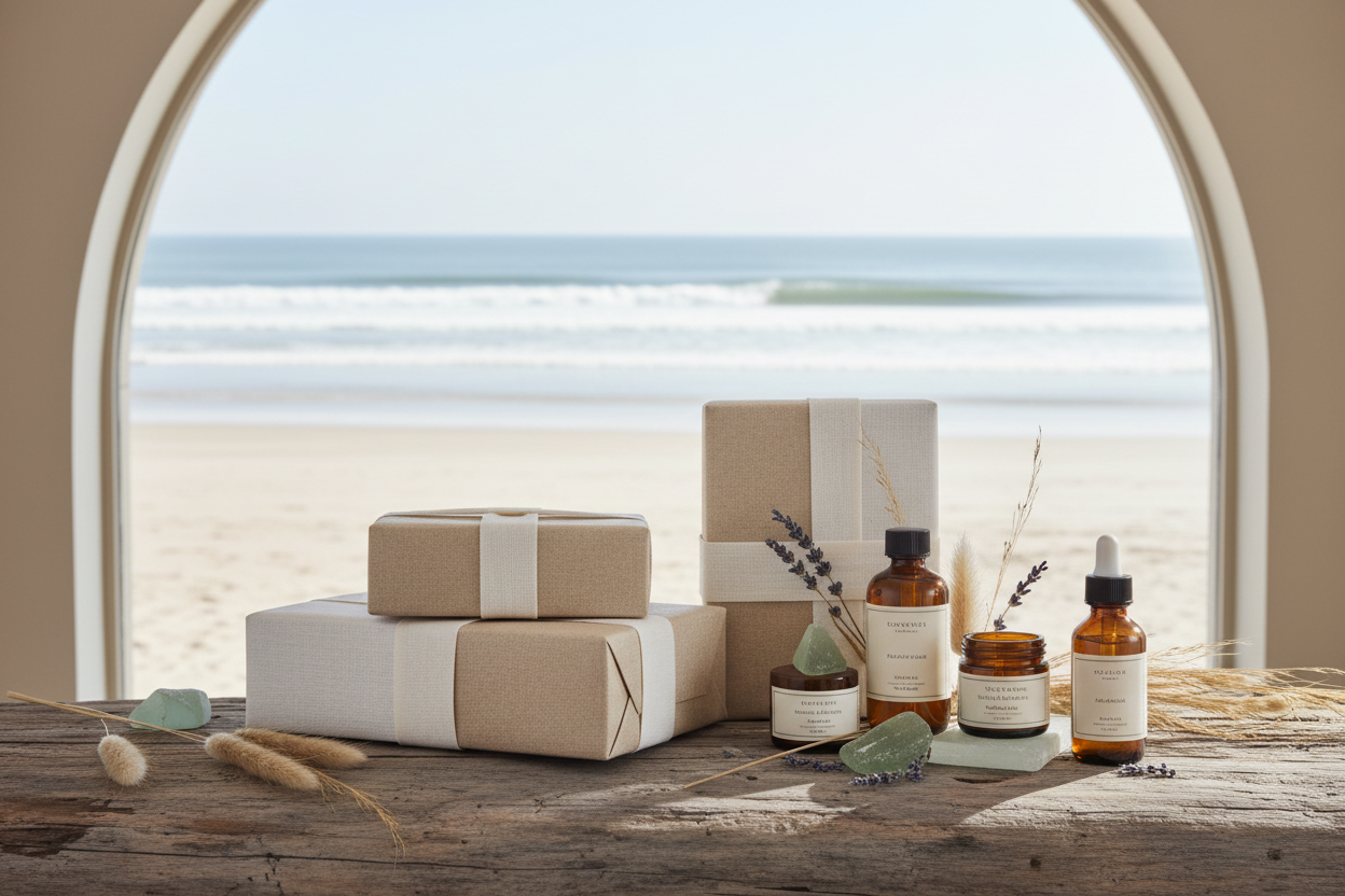A curated coastal-luxury gift arrangement in warm Mediterranean light