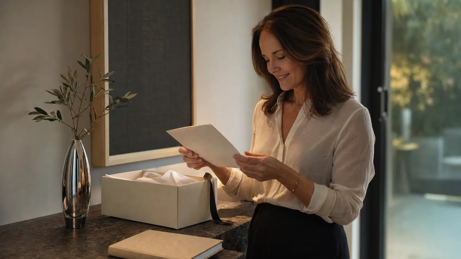 A recipient reading a handwritten My3Queens gift note