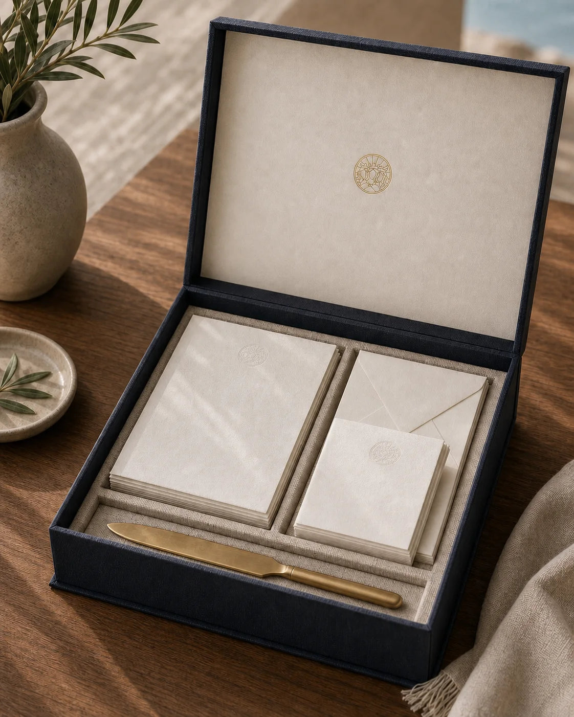 Crest-marked stationery prepared for corporate gifting