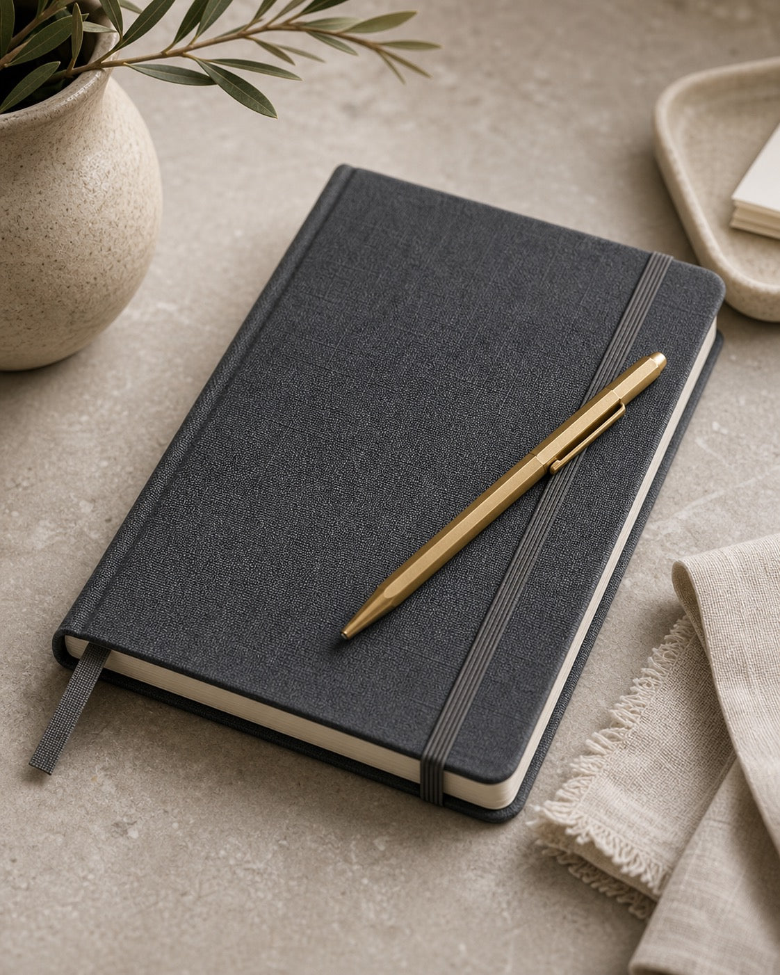 A My3Queens notebook, brass pen, and stack of note cards