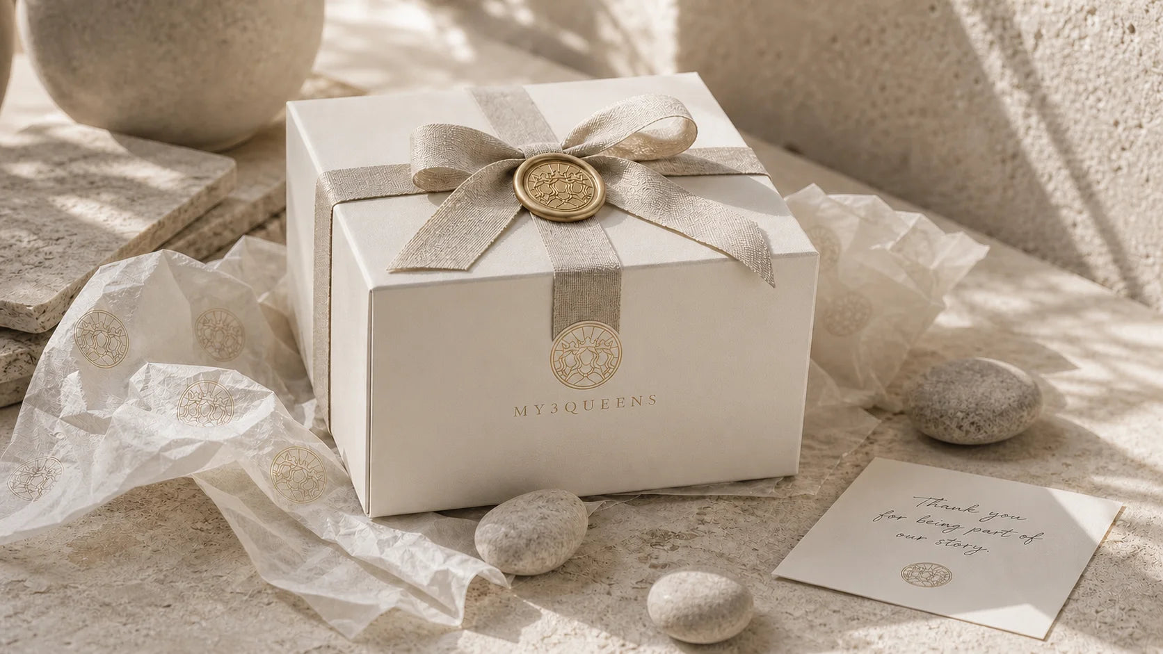 A crest-only My3Queens gift edit packed by hand on a stone surface