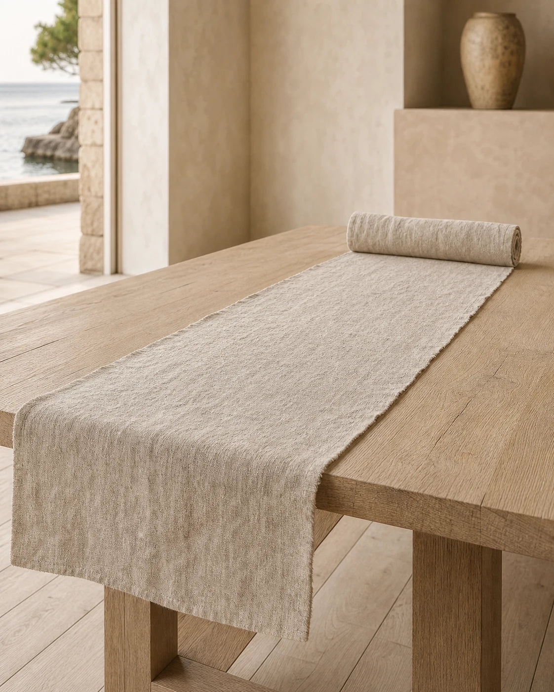 A natural stonewashed linen runner on a pale oak table